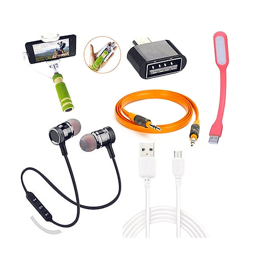 Combo Of Bluetooth Headset With OTG, Aux Cable, Data Cable, USB Light & Selfie Stick