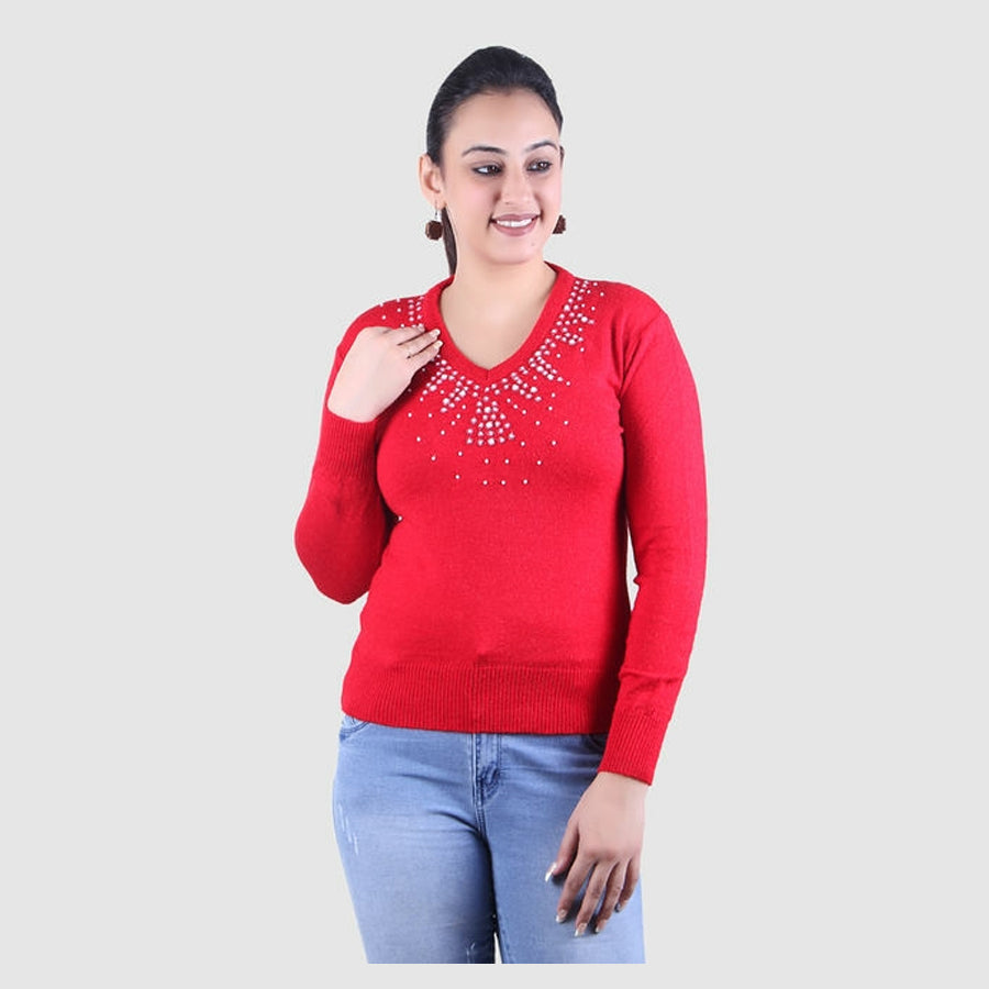 Woollen Full Sleeve V Neck Red Women's Sweater