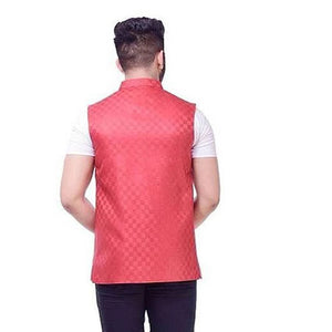 TRANOLI Fashionable Red Jute Checked Waistcoat For Men